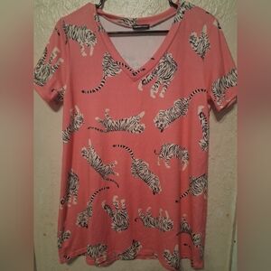 Pink Tiger Print V-Neck Tee